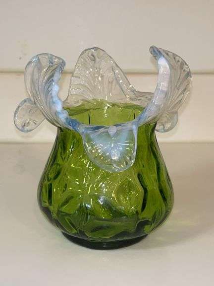 Wilhelm Kralik Art Nouveau Bohemian Czech Opalescent Glass Floriform Vase…..there is what appears to be a crack in the bottom but it is in the design…..6-1/2” tall image