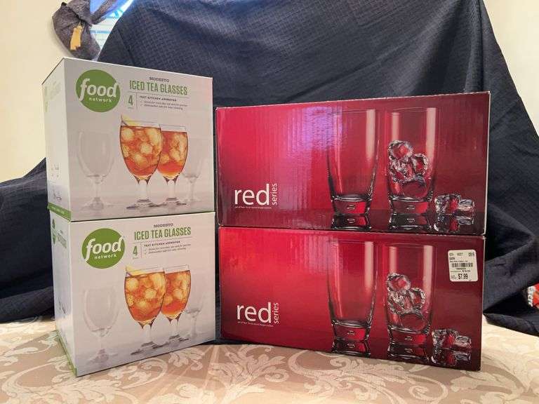 (2) boxes of 4-each 16.2oz Food Network Iced Tea Glasses and (2) boxes of 4-each 16oz Red Series Coolers image