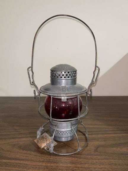 Vintage ADLAKE KERO B&O Railway Lantern with red globe and (2) DANGER packets attached (could not find any info about them) image