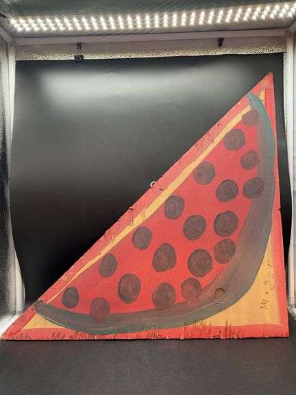 Authentic Signed Contemporary Artist Mose T Red Meat Watermelon Folk Art with signature soda can tab hanger…..31-1/4 x 15-1/4 image