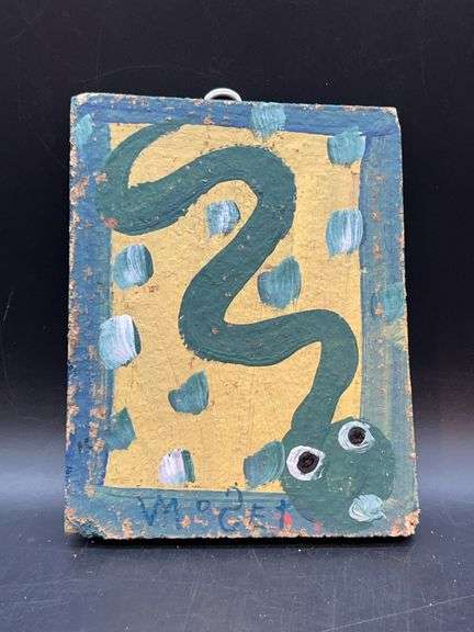 Authentic Signed Contemporary Artist Mose T Dark Teal Snake Folk Art with signature soda can tab hanger…..5–/4 x 6-3/4 image
