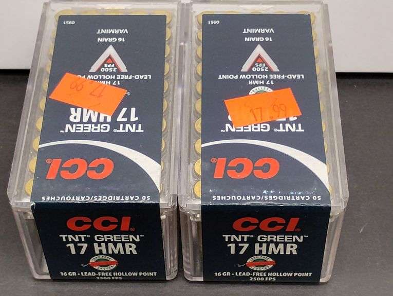 Two 50 Cartridge Boxes CCI TNT Green 17 HMR Hollowpoint 16 Grain image