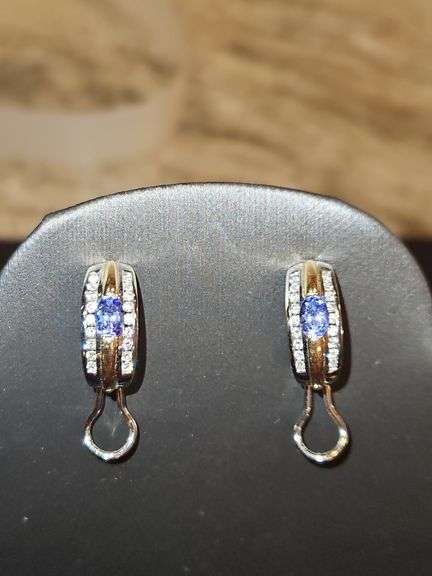 Beautiful Pr of Ladies 14K white & yellow gold, diamonds, & light purple gemstone earrings 6.8 total grams DIAMONDS TESTED POSITIVE USING DIAMOND SELECTOR II TESTER... image