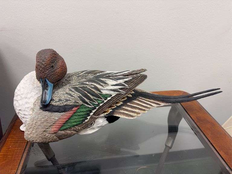 RARE Hershell Dee Moss Wood Carved Preening Pintail Decoy Art Piece image