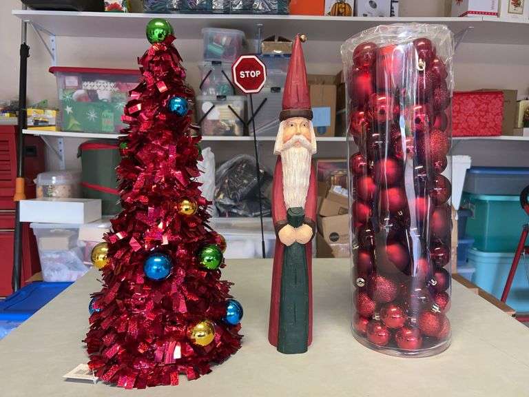 Wire cone Christmas tree, 18-1/2” tall wood Santa and a sleeve of various size red ornaments…..BACKGROUND CONTENTS NOT INCLUDED image