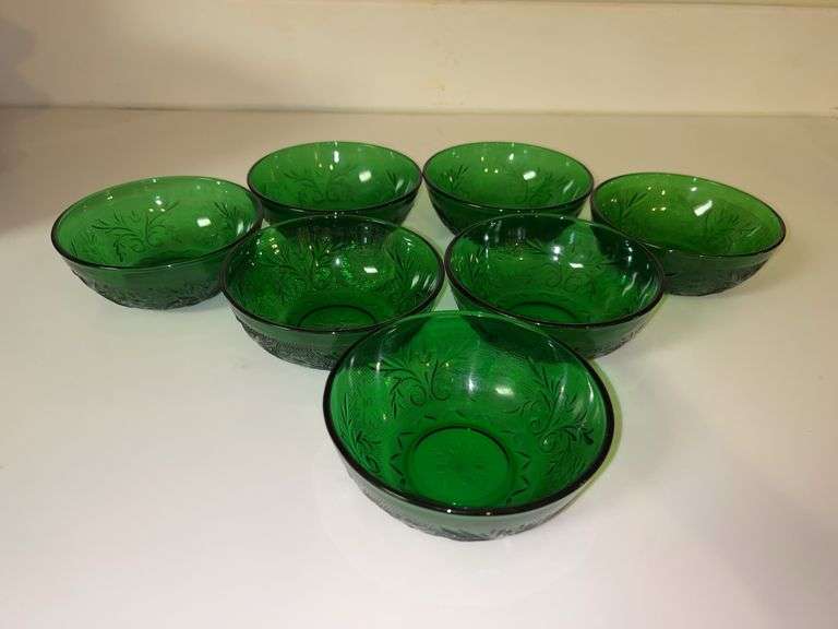 Set of (7) Vintage MCM Anchor Hocking Forest Green Sandwich Glass Fruit/Ice Cream Bowls…..4-1/4”D x 1-3/4” tall image