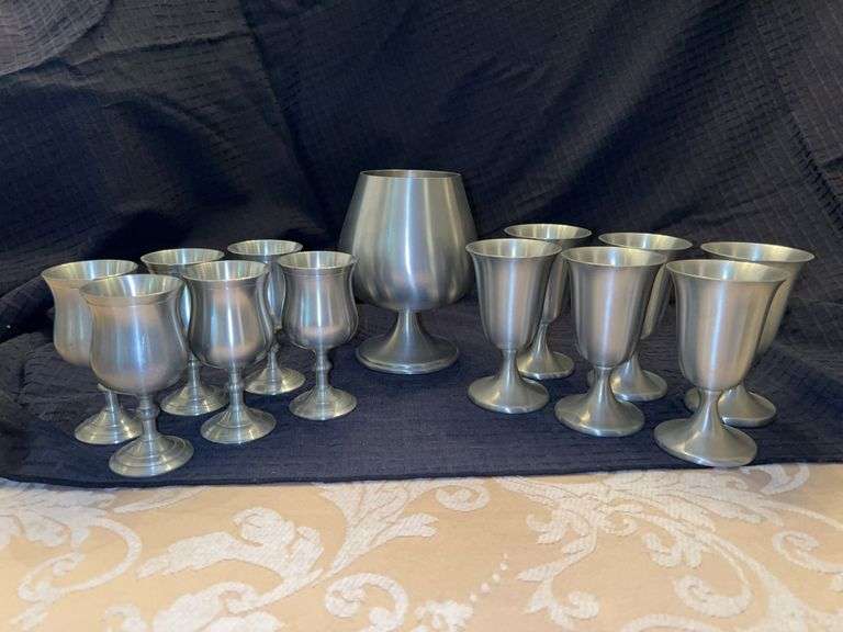 Set of (6) Selangor Pewter Wine Goblets (4.25” tall), set of (6) Josten’s Pewter wine glasses (4-1/2” tall) and (1) Josten’s Pewter Brandy Goblet (6” tall) image