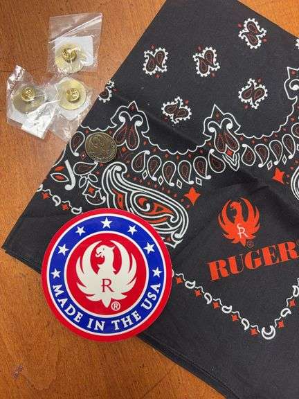 Ruger 22” Bandana, 3” Round Ruger Sticker and Four 1” Ruger Pins image