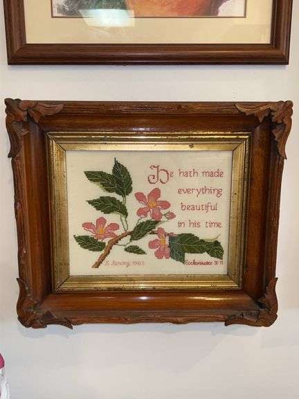 Beautifully framed cross stitch done by the seller…..15-1/4 x 12-3/4 image