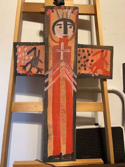 Authentic Signed Contemporary Artist Mose T Cross Folk Art with signature soda can tab hanger…..19-1/2 x 29-1/2 image