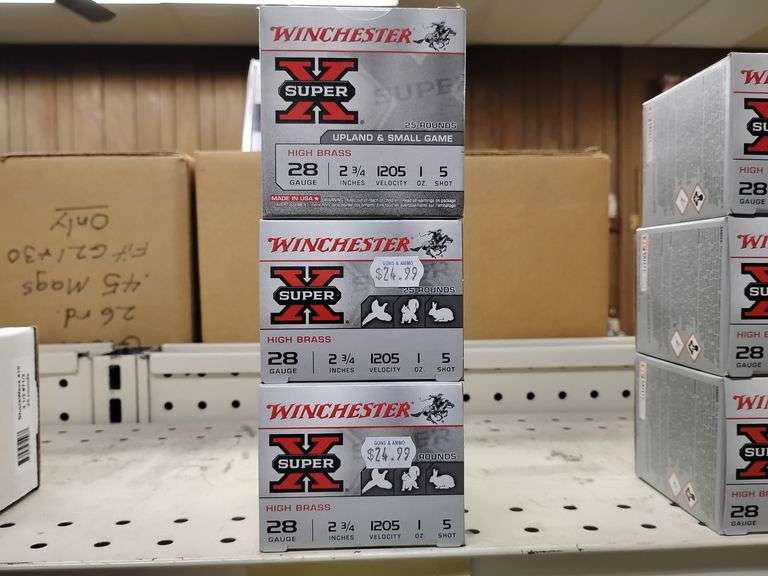 Winchester Super X 25 Rounds High Brass 28 Gauge 2 3/4" 1205 Velocity 1 oz. 5 Shot. 3 boxes image