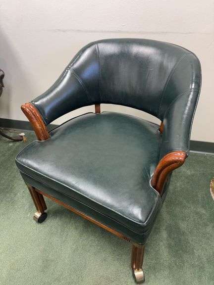 Hickory Leather Co. Forrest Green Rolling Club Chair with Wood and Brass Details image
