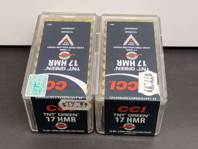 Two 50 Cartridge Boxes CCI TNT Green 17 HMR Hollowpoint 16 Grain image