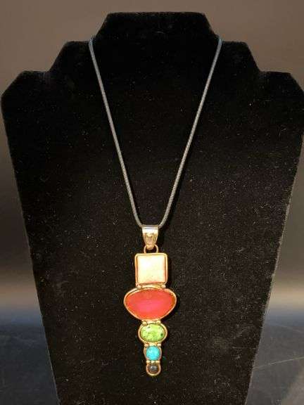 Adjustable leather-like strap necklace with multi-natural stone-like pendant image