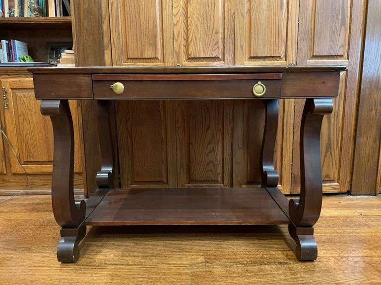 Empire Style Writing Desk - has pull out desk area with inkwell and vintage fountain pen….shows wear from normal but is overall a solid piece…..42 x 28 x 29 tall…..left front handle is in drawer image
