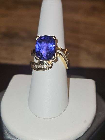 Ladies 14K gold, diamonds, & large blue-violet stone ring size 7.5-8; 10.8 total grams DIAMONDS TESTED POSITIVE USING DIAMOND SELECTOR II TESTER... image