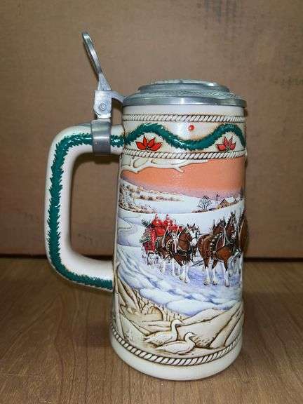 Vintage 1996 Signature Edition Budweiser “American Homestead” Holiday Stein with pewter lid…..7985/10000 and in original box (lid is torn) image