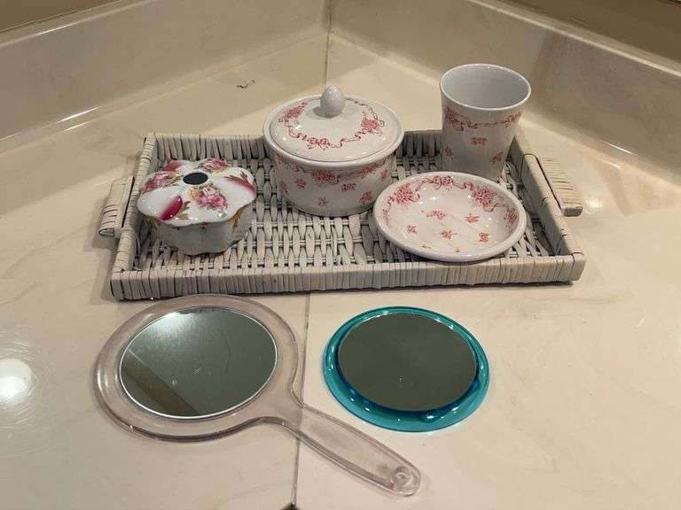 White wicker vanity tray with 3-piece matching Laura Ashley vanity set, 2 mirrors and 1 vintage porcelain hair receiver image