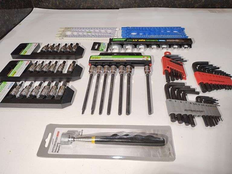 Selection Hex Bit Sockets, Crowfoot Wrench Set, Allen Wrenches, Telescoping Magnetic Pickup Tool, Nut & Screw Sizers image