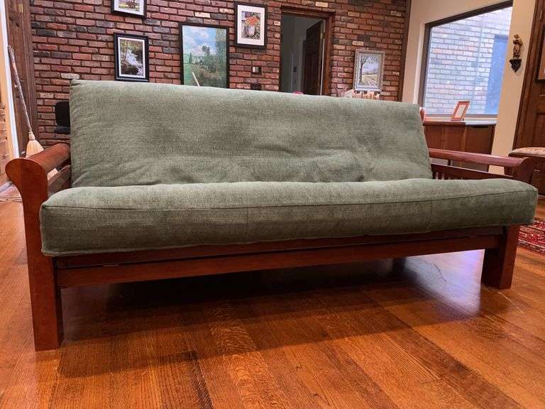 Very nice solidly built cherry scroll arm futon with 6” thick cushion and removable cover…..82 x 33 x 32 tall overall image
