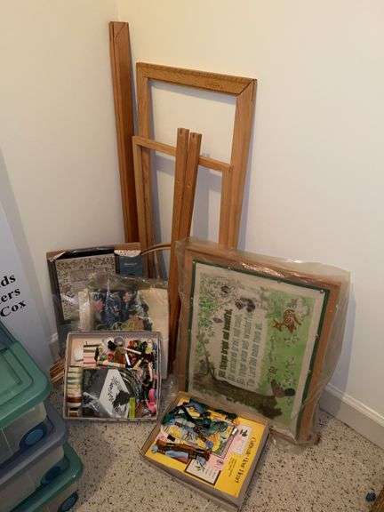 Grouping of embroidery and cross stitch supplies…..thread, patterns, 1 finished piece and more image