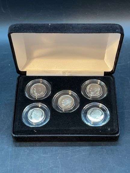 Set of Uncirculated First Commemorative Mint Silver Roosevelt Dimes…..1969-S, 1995-S, 1989-S, 1976-S and 2003-S….in original velvet box and sleeve with COA image