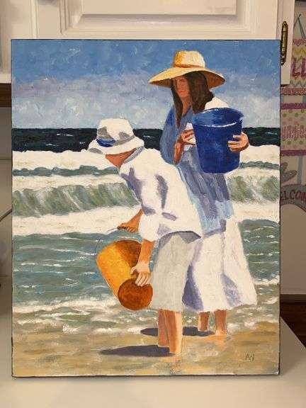 Wrapped oil on canvas depicting mother/son beach scene…..16 x 20…..initialed AW…..no authenticity as to piece being original image
