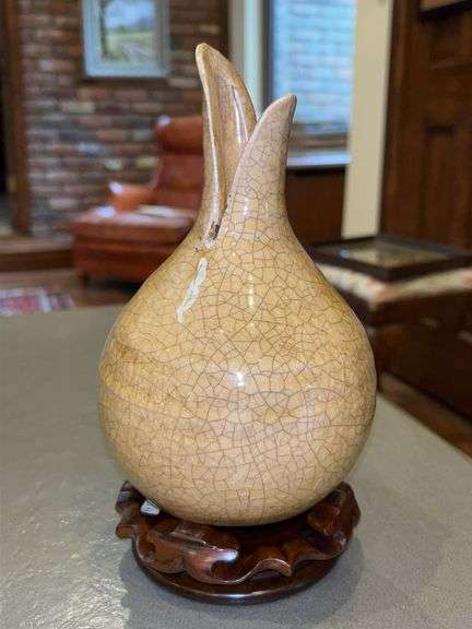 Vintage crackle-glazed porcelain vase on wood base….similar to the style of Chinese Ge ware…..9-1/4” tall with base image