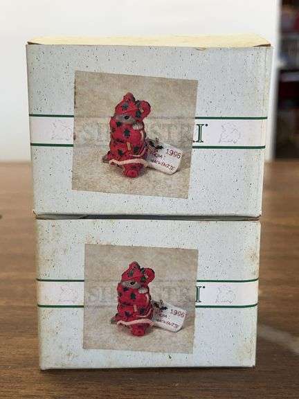 (2) Silvestri Dean Griff Charming Tails “All Wrapped Up” porcelain ornaments…..in original packaging and boxes so pics are limited….lud is torn on one box image