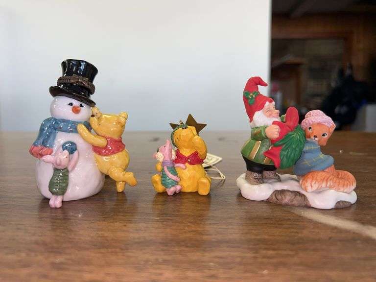 Adorable selection of (3) porcelain figurines…..Classic Pooh Hinged Box, Classic Pooh Ornament and Fitz & Floyd Holiday Hamlet…..all in original boxes image