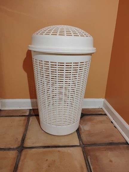 Clothes Hamper, white plastic, basket pattern, 30" T x 18" W. image
