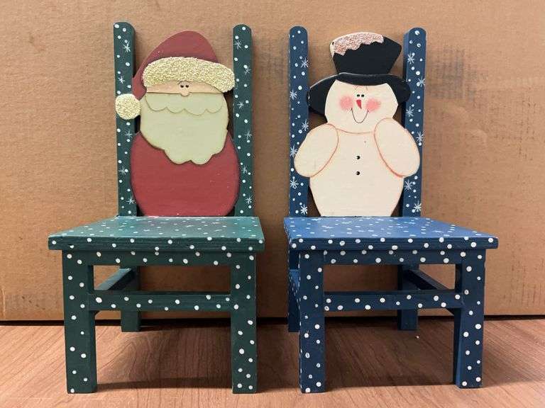 Set of (2) Designs by Crazy Mountain wood Santa and Snowman chairs…..6 x 4-3/4 x 12 tall image