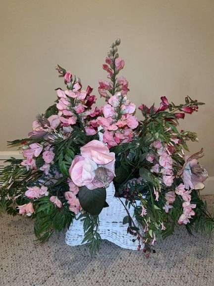 Beautiful artificial floral arrangement in white wicker basket…..approx. 34 across x 32 tall image