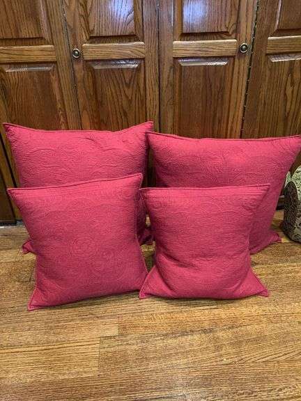 Grouping of (4) down throw pillows with removable covers…..these do come from a pet friendly home (dog & cat) and the covers are in good condition but need washed)…..25 & 19” square image