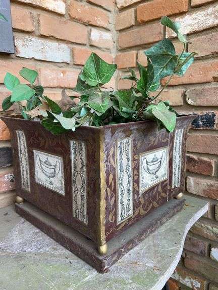 Metal planter with artificial greenery…..14-3/4” square x 11” tall…..needs cleaned from sitting on front porch image
