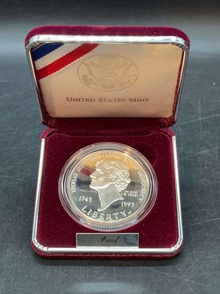 Thomas Jefferson 250th Anniversary Proof Silver Dollar in original velvet display box and sleeve image