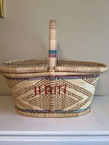 Gorgeous multi-color woven picnic basket with cross stitch/embroidery supplies inside and HAITI on front image