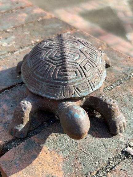 Cast iron lidded turtle yard art…..5” long x 2-1/4” tall image