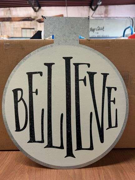 Large tin bell ornament with “BELIEVE” motif…..15”D x 18” tall image