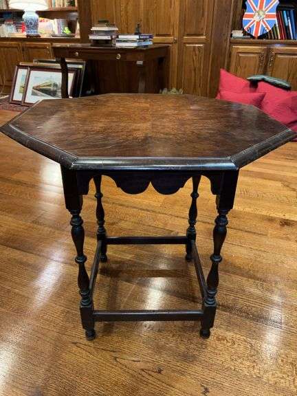 Vintage hexagonal wood accent table with turned legs…..needs TLC but still an attractive piece…..27-1/2 x 27-1/2 x 27 tall image