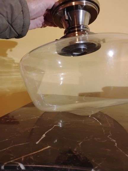 Ceiling light Clear School House Globe, nickel finish ceiling mount. Globe is 12" across 7" T. New in box. Untested image