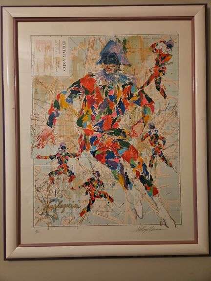 Large Beautiful Framed 37x45.5" Original Serigraph Silk Screen Print of "Bergamo Harlequin" by LeRoy Neiman Signed & Numbered 89/300 w/COA & Appraised Value... image