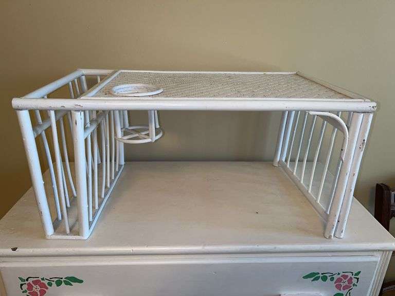 White wood and wicker tray with side magazine rack and 3-piece Johnson Brothers Rose Chintz-Pink (“Made in England") Stamp pitcher, creamer and lidded sugar bowl…..tray measures 21-1/2 x 12-1/2 x 10-1/4 tall image