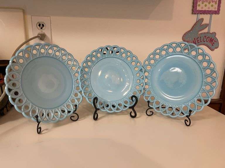 Set of (3) Antique Challinor & Taylor Blue EAPG Milk Slag Glass Scroll & Eye 8" Plate…..stands not included image