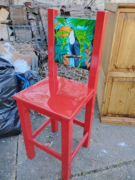 New Lacandona Tall Bar Chair Red Toucan, shiny finish, back height 49 1/4" T, seat height 28" T, 19" W. image