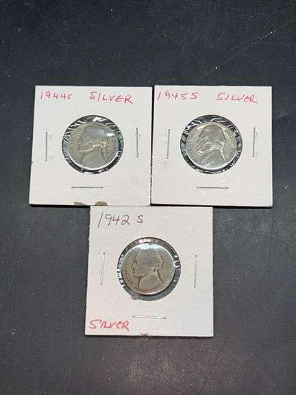 1943-S, 1945-S and (1) 1942-S 35% Silver War Nickels…..has large S mint mark above dome on reverse image