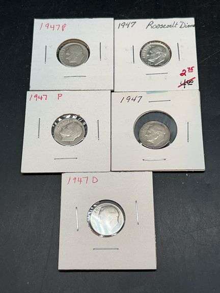 (5) 1947 Silver Roosevelt Dimes…..mint marks D and P image