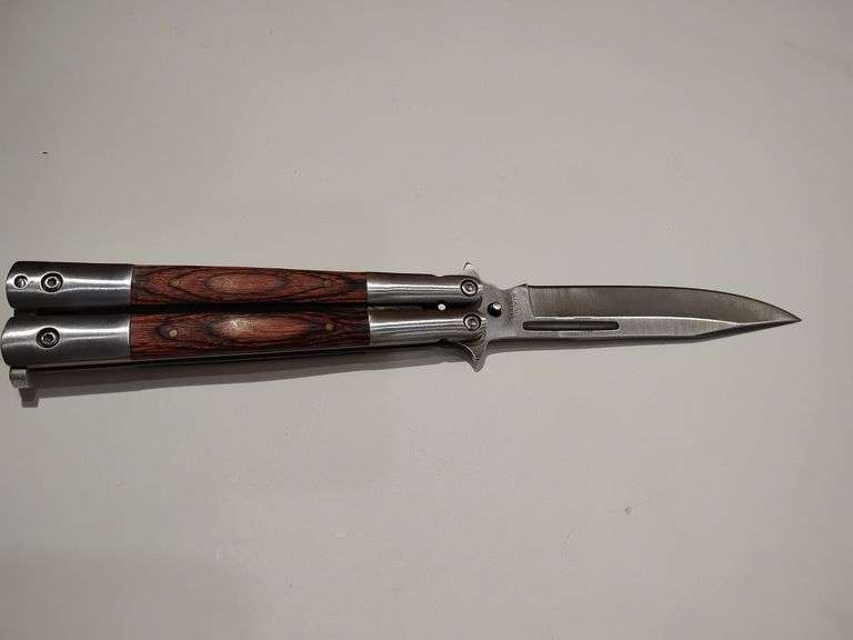 Traditional Balisong Butterfly Knife Rosewood Handle, belt clip, blade 440 stainless steel, open length 9" image