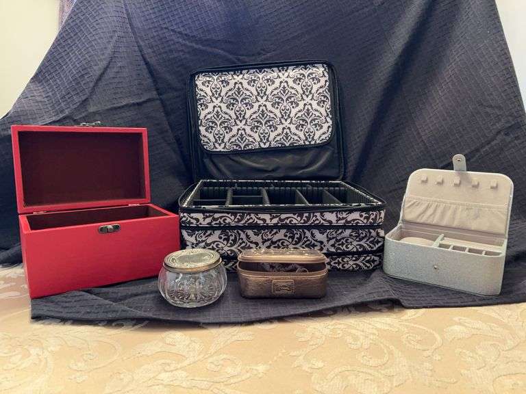 Nice selection of travel jewelry boxes, wood and felt lined box and Art Nouveau cut crystal dresser jar with a silverplate lid image
