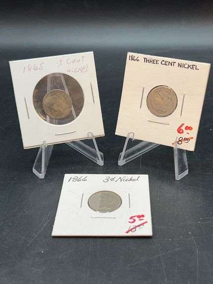 Grouping of (3) 3¢ nickels…..1865 and 1866….all show a varying degree of wear image